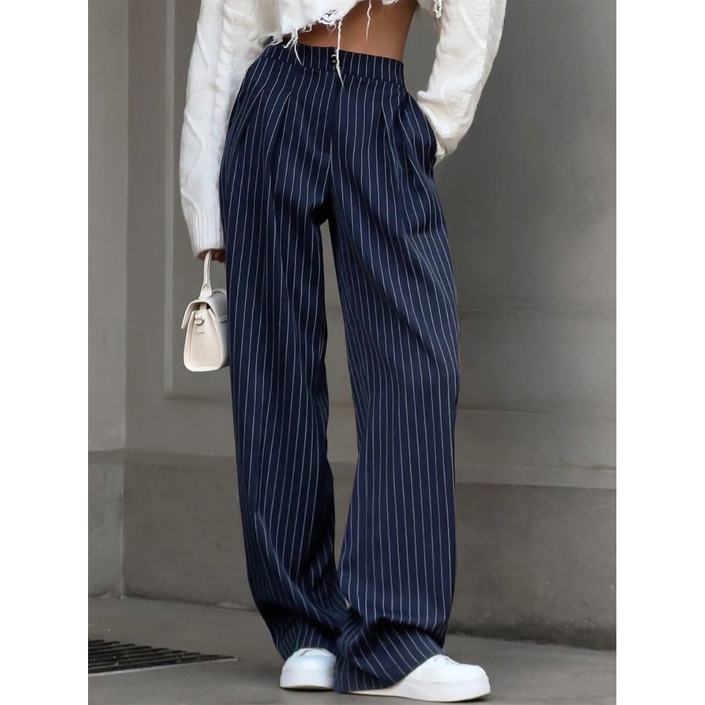 Commense Navy Blue Pinstripe Wide Leg Trousers High Waisted Pleated Pants Small